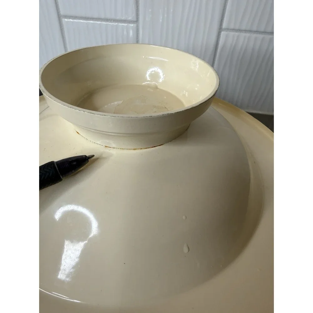 Vintage Style Enamelware Pedestal Fruit Bowl Cream & Black Cottagecore Metal GUC